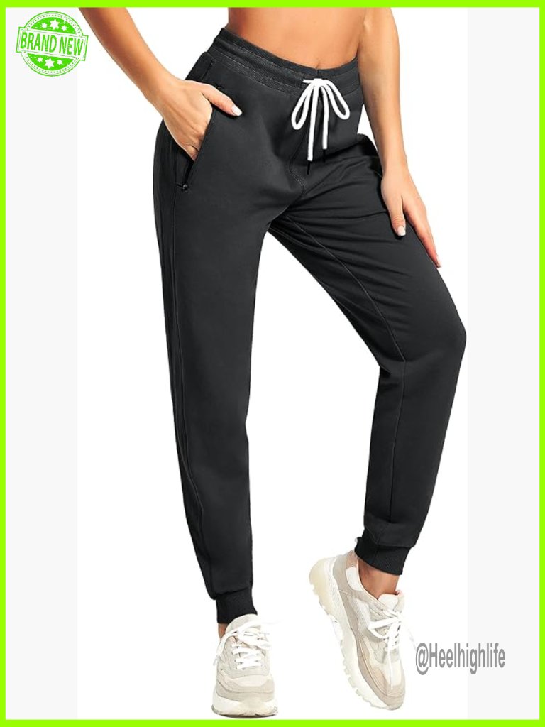 Women's Cotton Jogger Sweatpants With Zipper Pocket, Ribbed Waistband